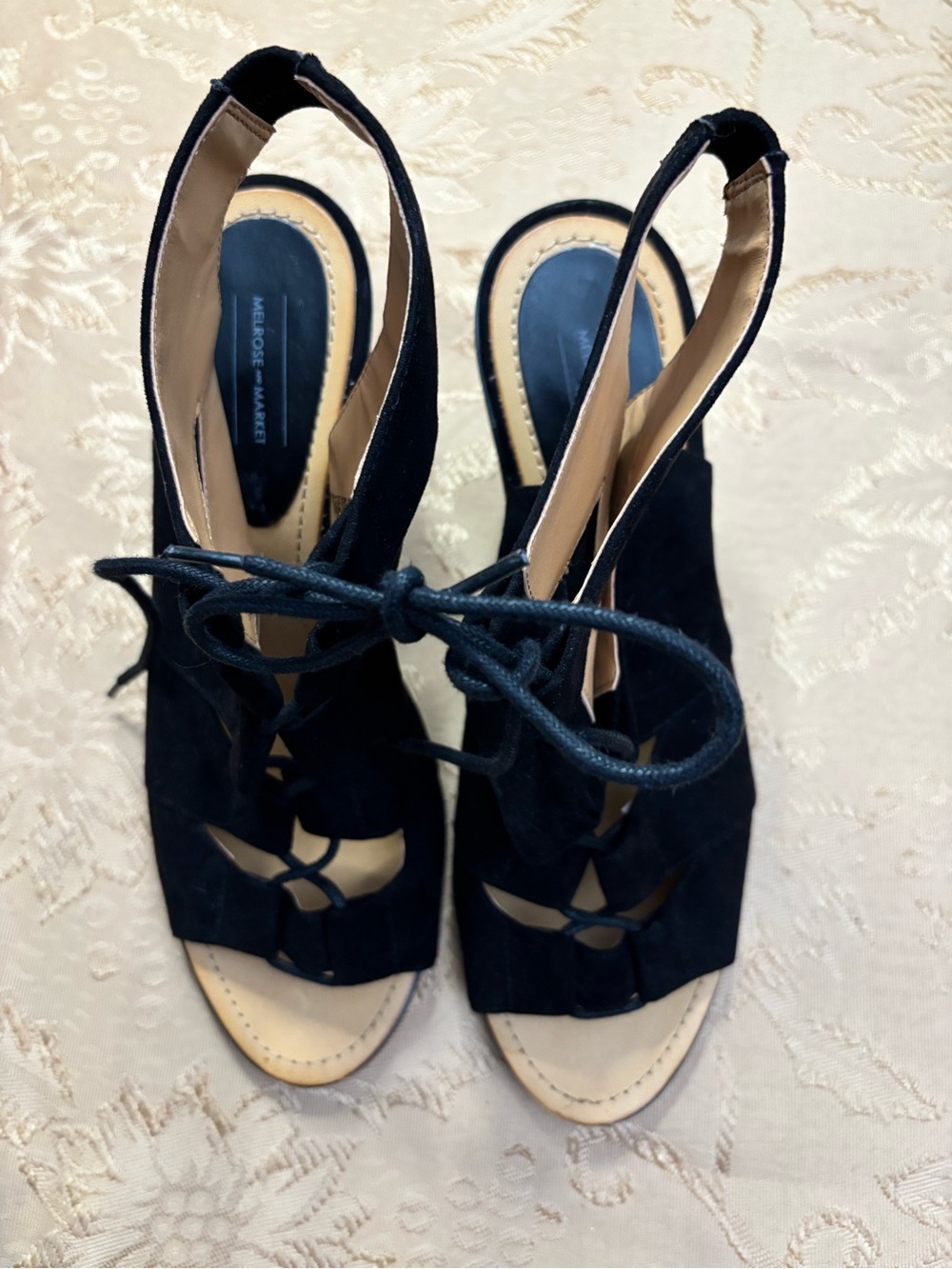 Melrose and Market Black Suede 4 inch heel wedge with gladiator lace design